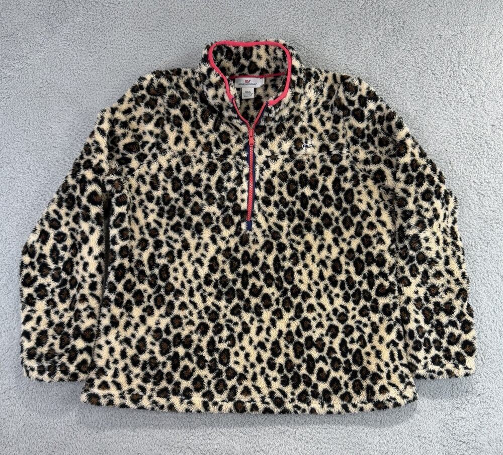 Vineyard Vines Women Large Pullover Fuzzy Fleece Leopard Sherpa Pink Trim